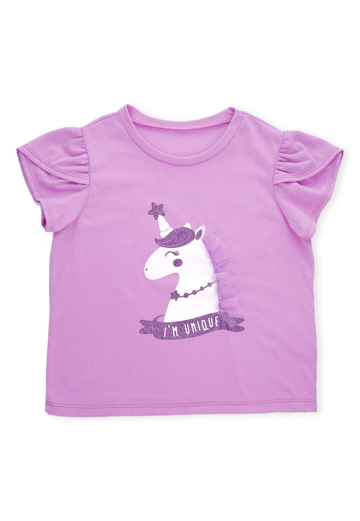 Camiseta lila lavanda con decoración en frente y manga corta cruzada para bebé niña