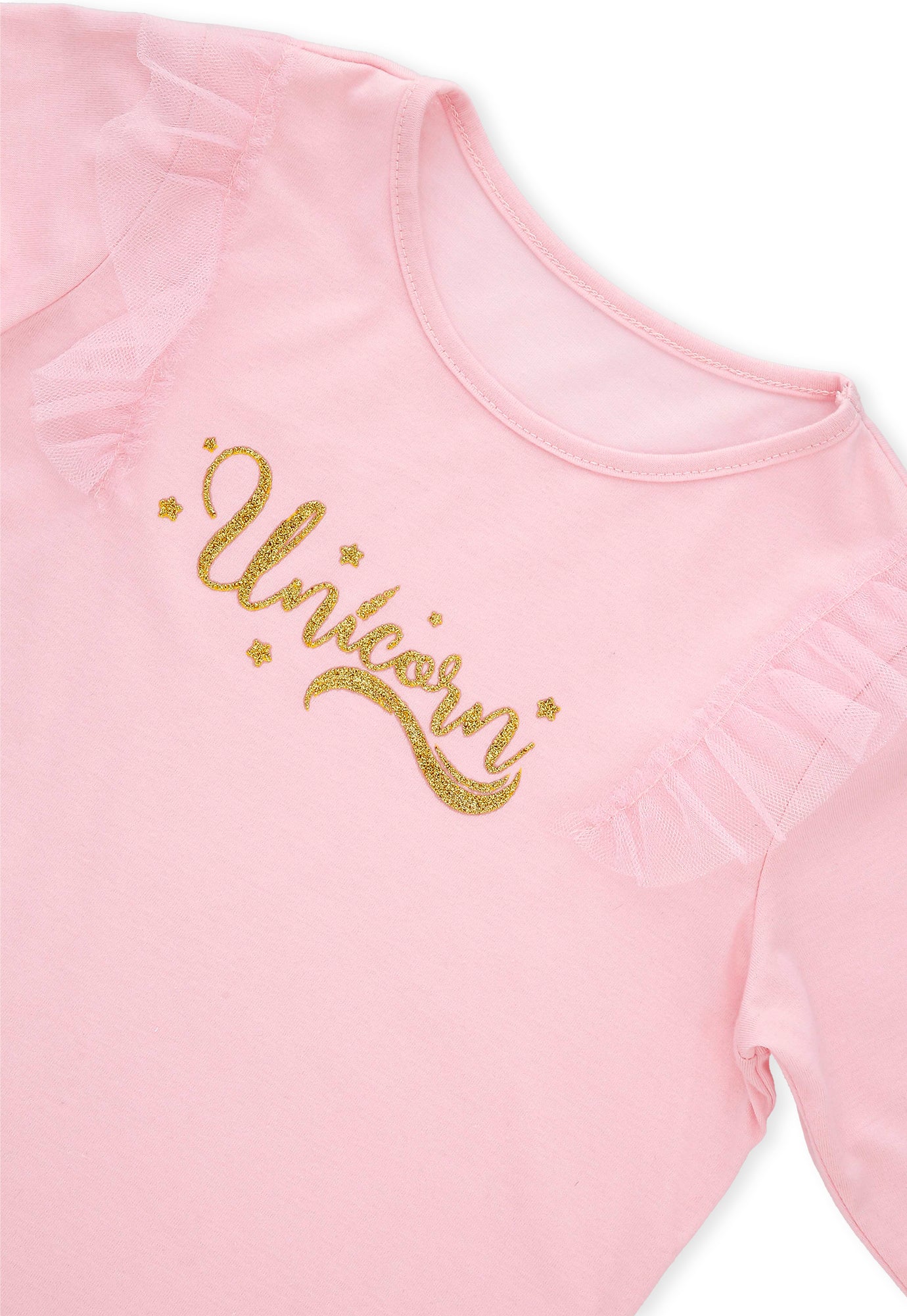 Camiseta rosada clara manga larga, tull sobrepuesto y estampado en frente para bebé niña