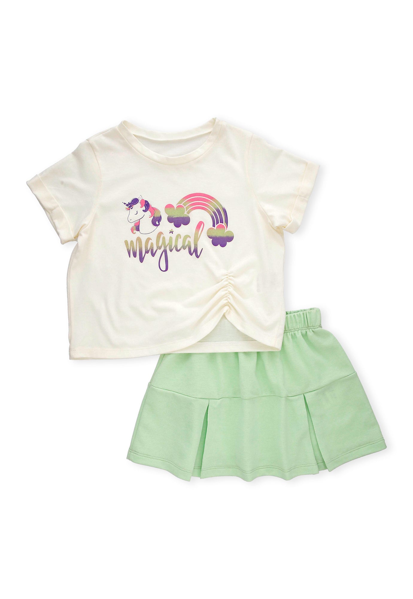Conjunto de camiseta ivory estampada manga corta y falda corta verde para bebé niña