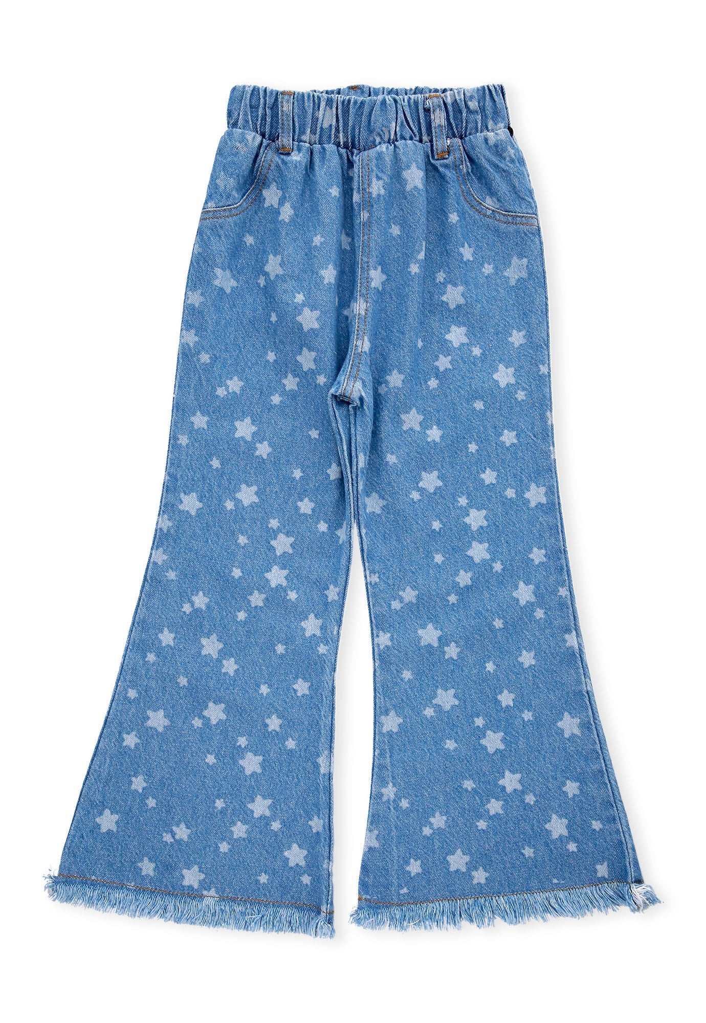 Pantalón azul índigo en denim, con bota desflecada y cintura elástica para bebé niña