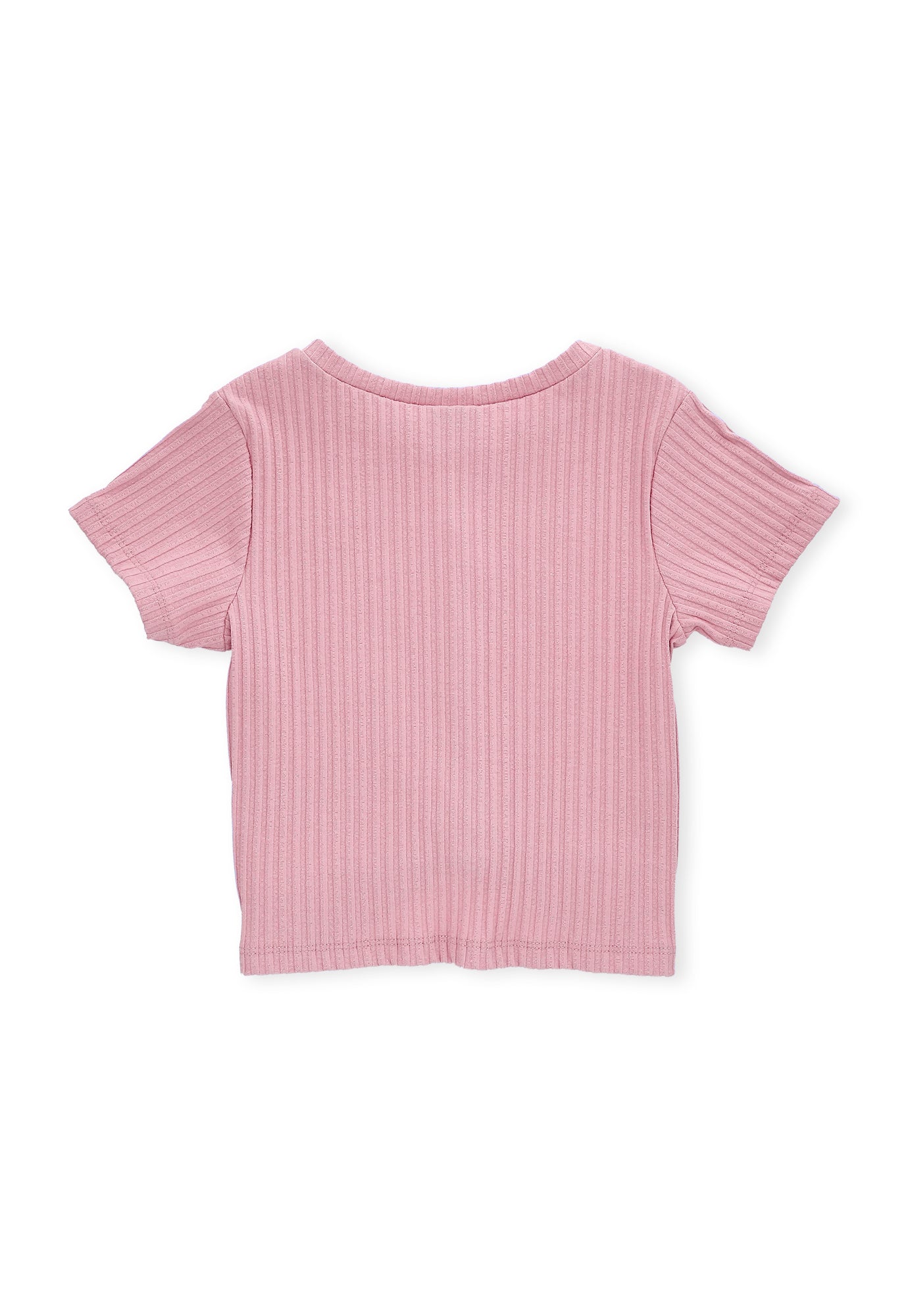 Camiseta rosado claro fondo entero, con frente entorchado y manga corta para bebé niña