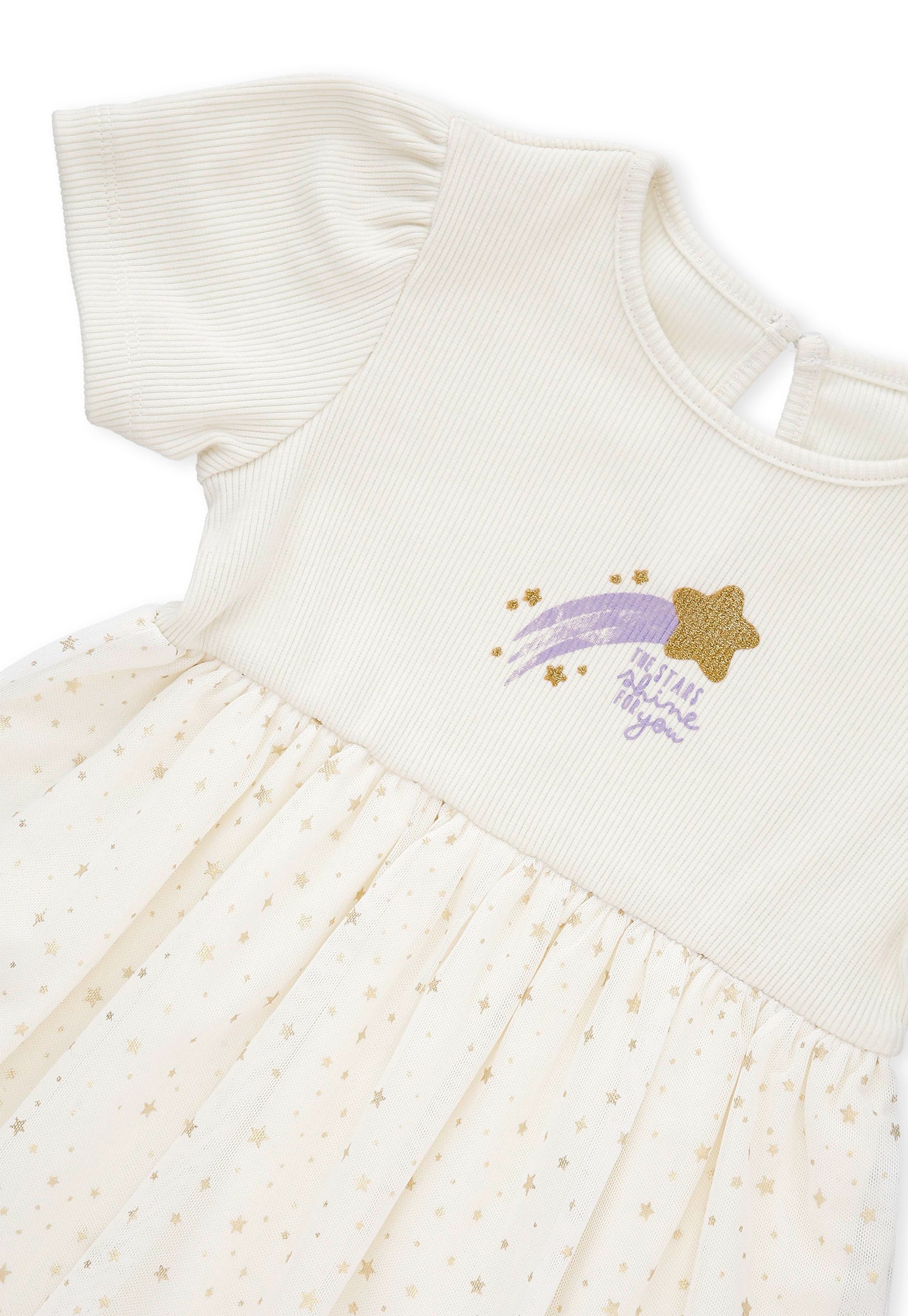 Vestido ivory en rib con estampado frontal y parte inferior en tull estampado de estrellas para bebé niña
