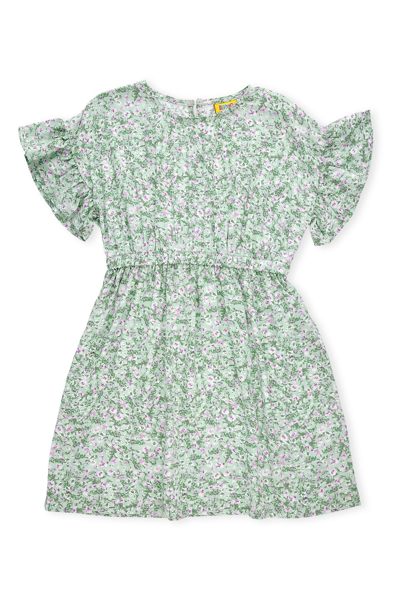 Vestido verde claro sublimado, manga corta con bolero y abertura en espalda para bebé niña
