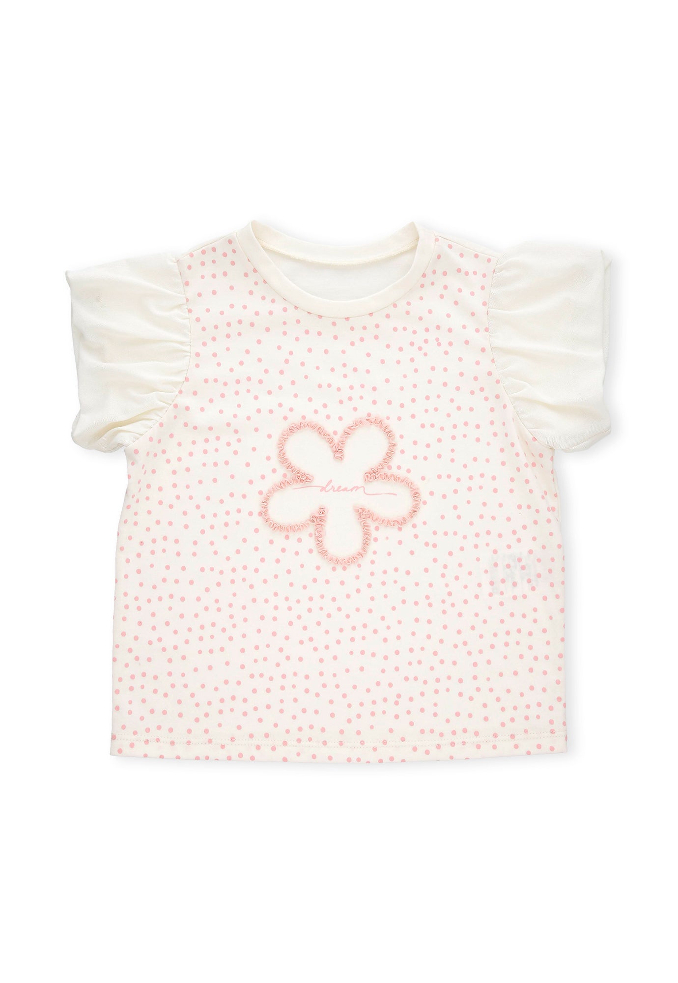 Camiseta ivory con estampado frontal, manga corta en tull y cuello redondo para bebé niña