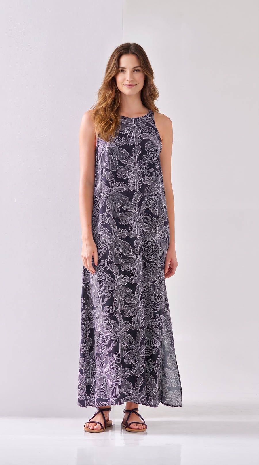 Vestido largo negro estampado con abertura lateral para mujer