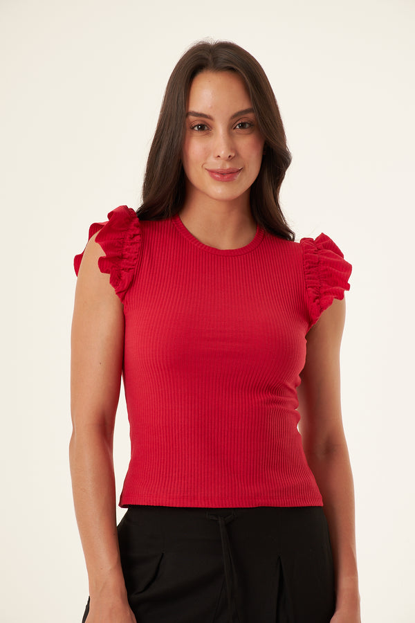 Camiseta manga sisa roja para mujer