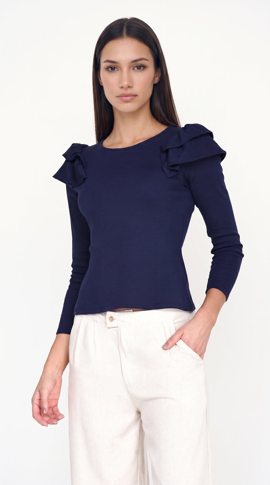 Camiseta azul oscuro manga larga con boleros para mujer – Belife
