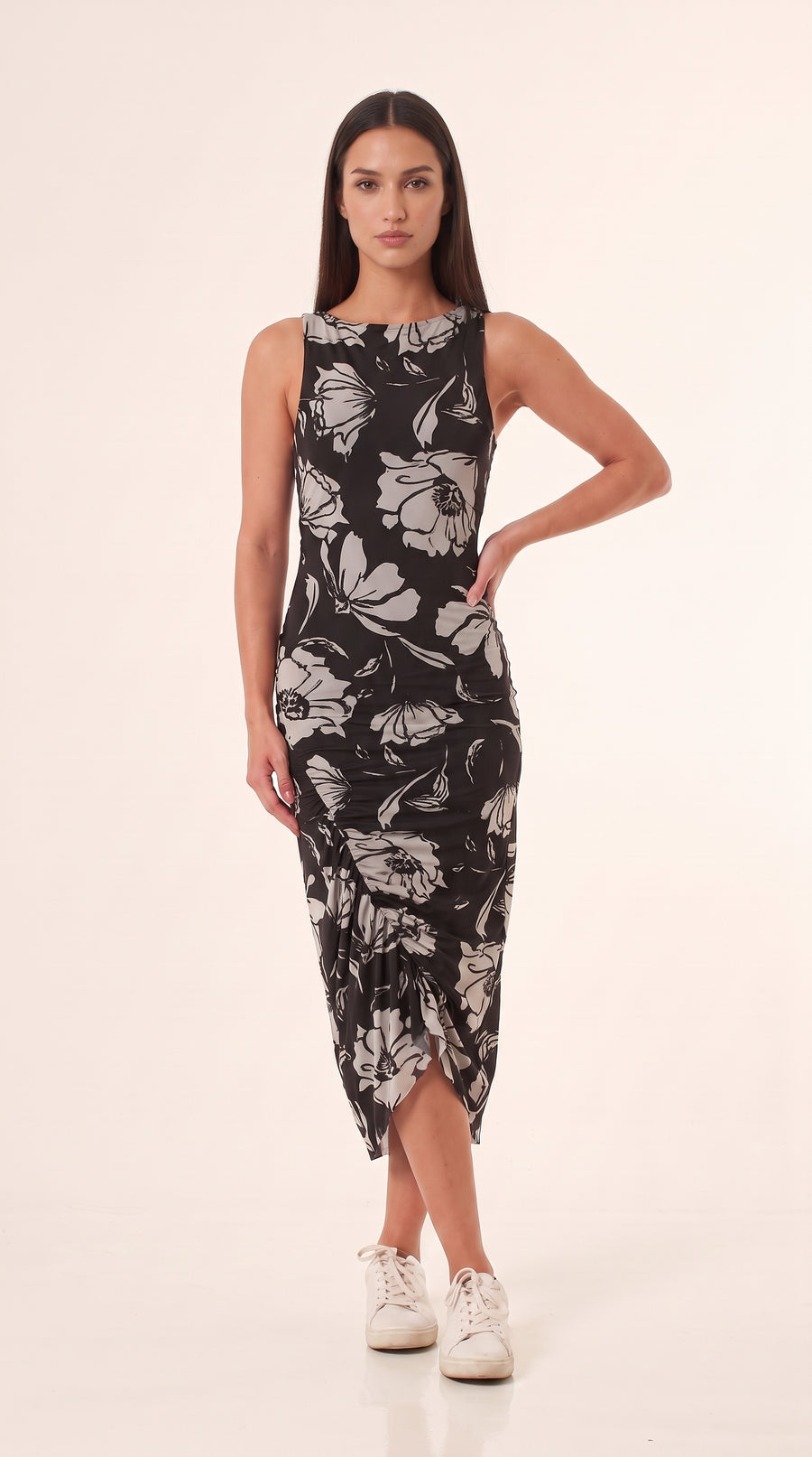 Vestido largo floral con recogido para mujer