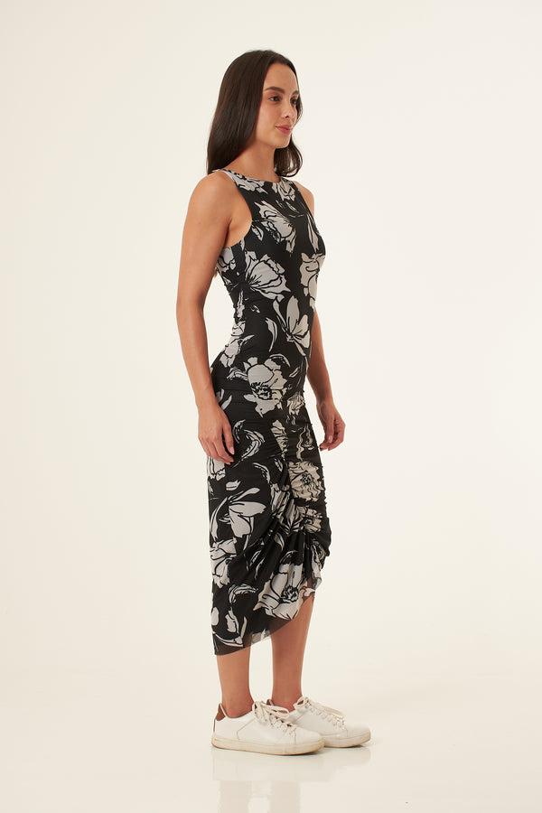 Vestido largo negro con malla sublimada para mujer