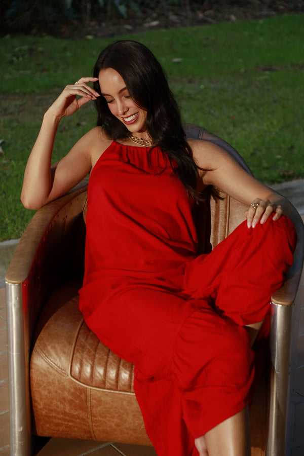 Vestido largo rojo tipo halter para mujer