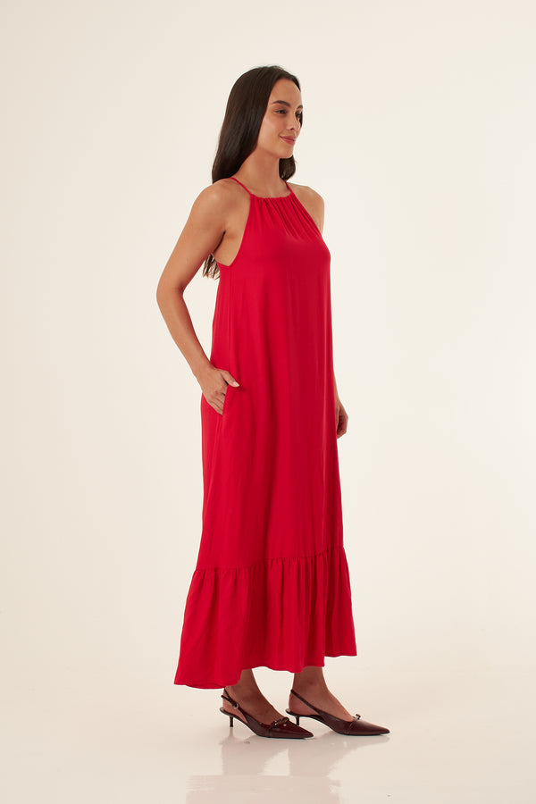 Vestido largo rojo tipo halter para mujer