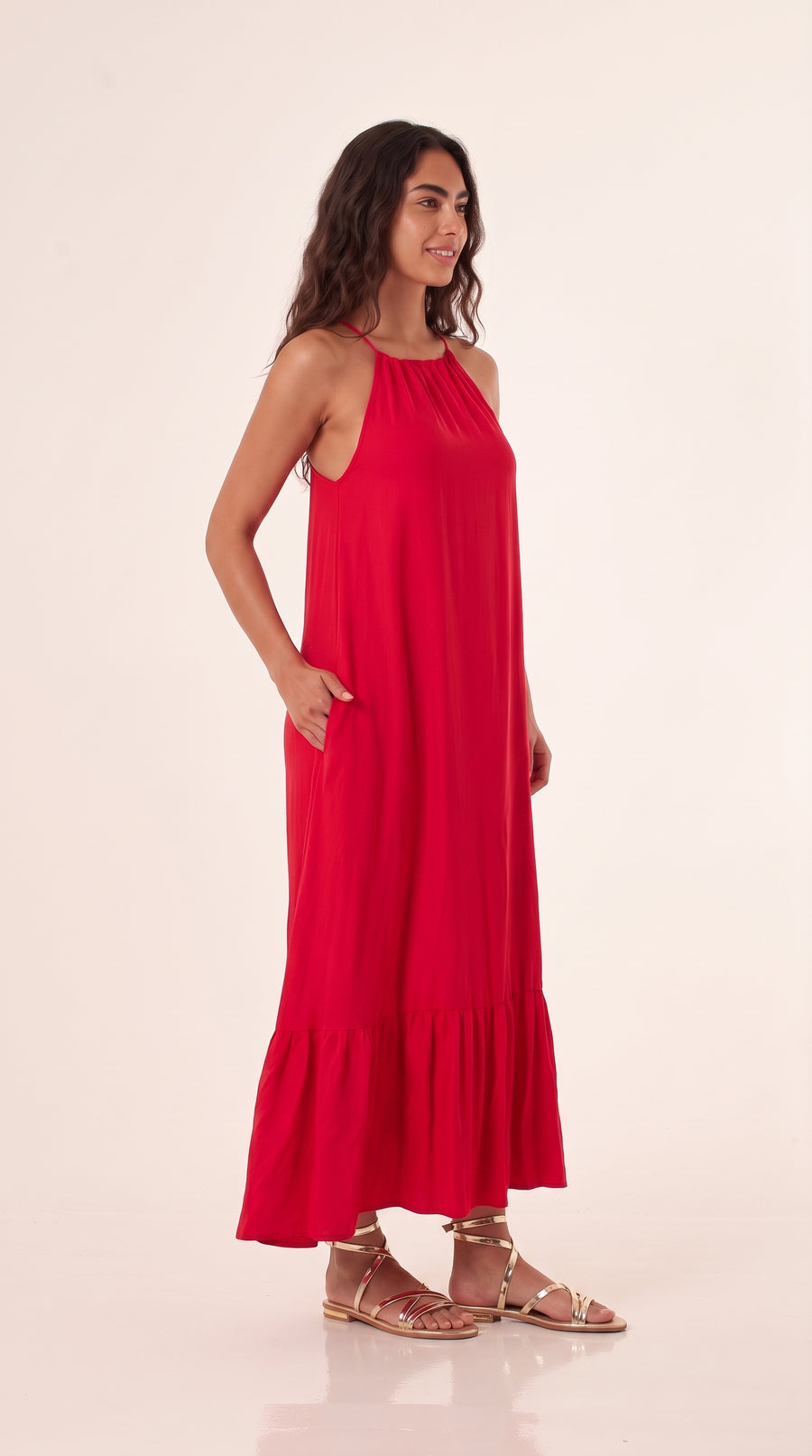 Vestido largo rojo tipo halter para mujer
