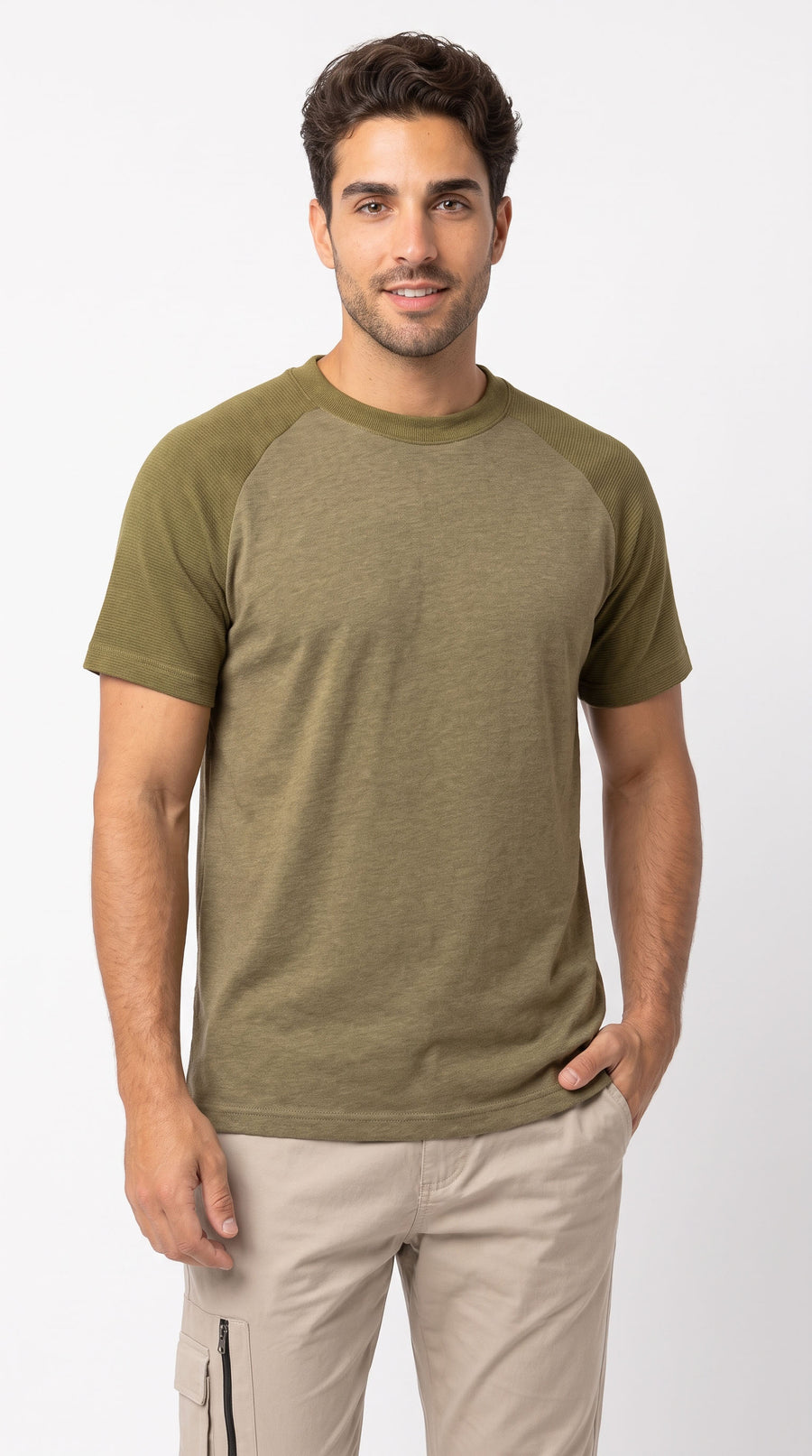 Camiseta verde madera manga ranglan para hombre – Belife