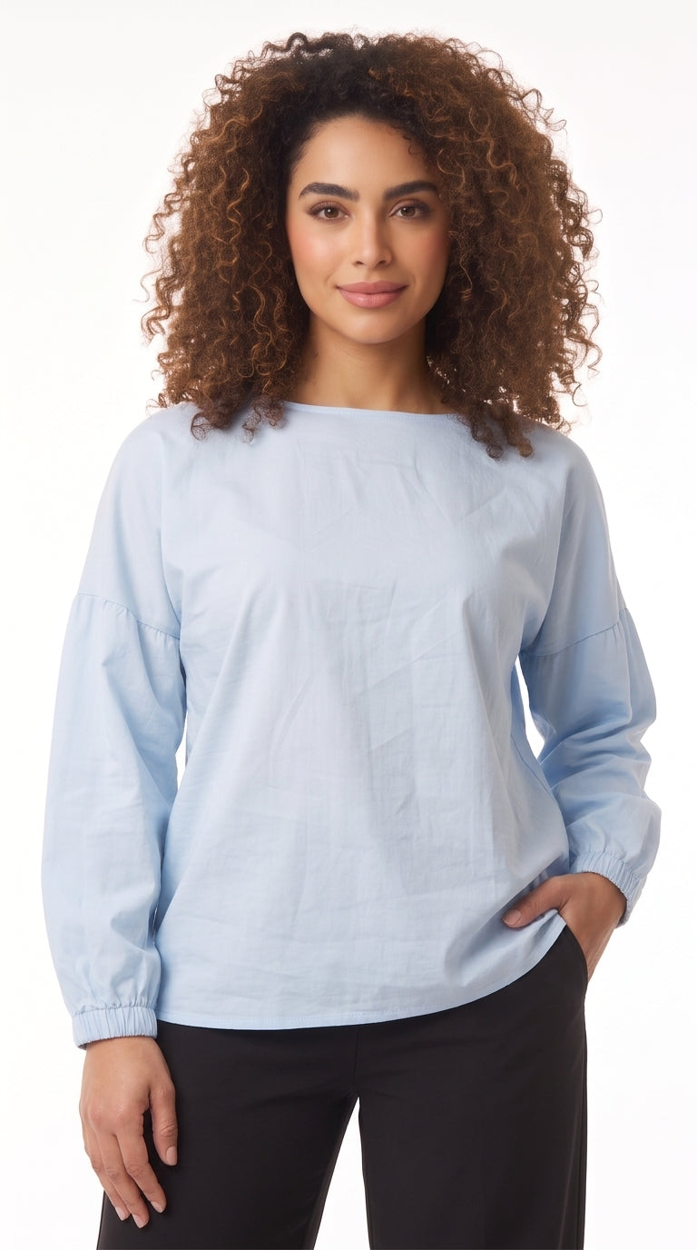 Camiseta azul claro manga larga con abertura en espalda para mujer – Belife