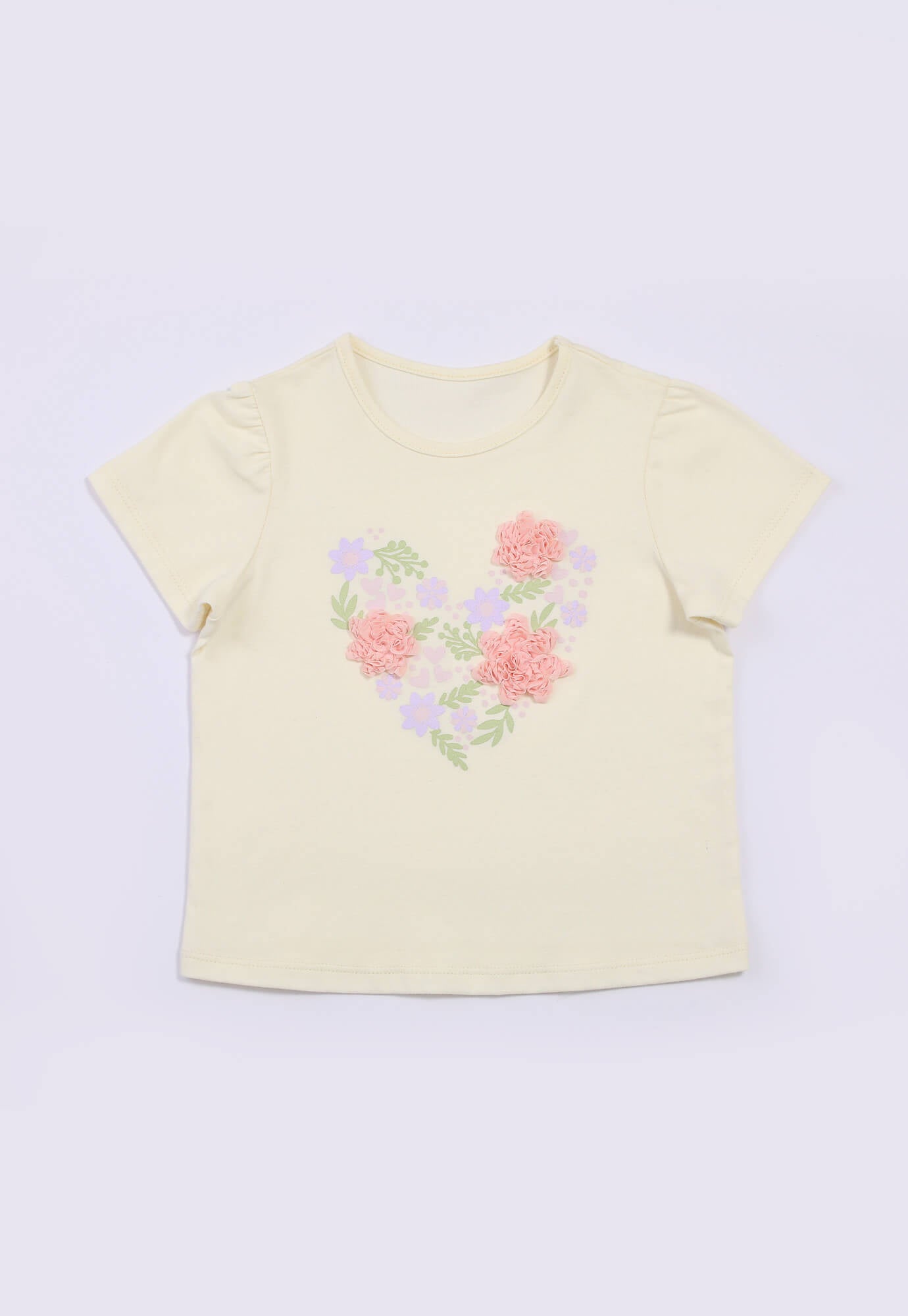 Camiseta ivory estampada y con apliques frontales y manga recogida para bebé niña