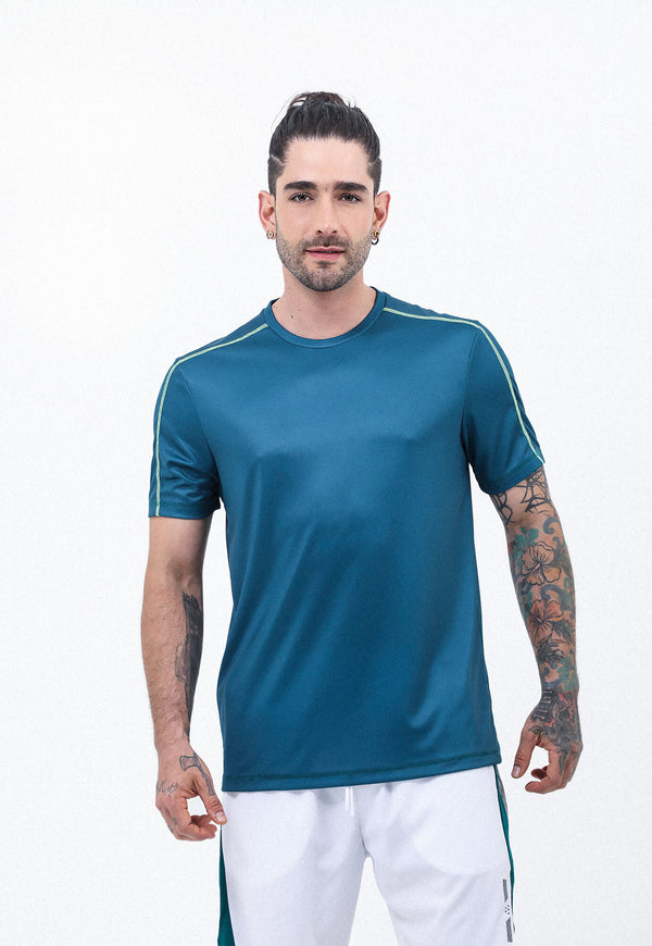 Camiseta deportiva verde esmeralda manga corto cuello redondo espalda en malla transpirable para hombre