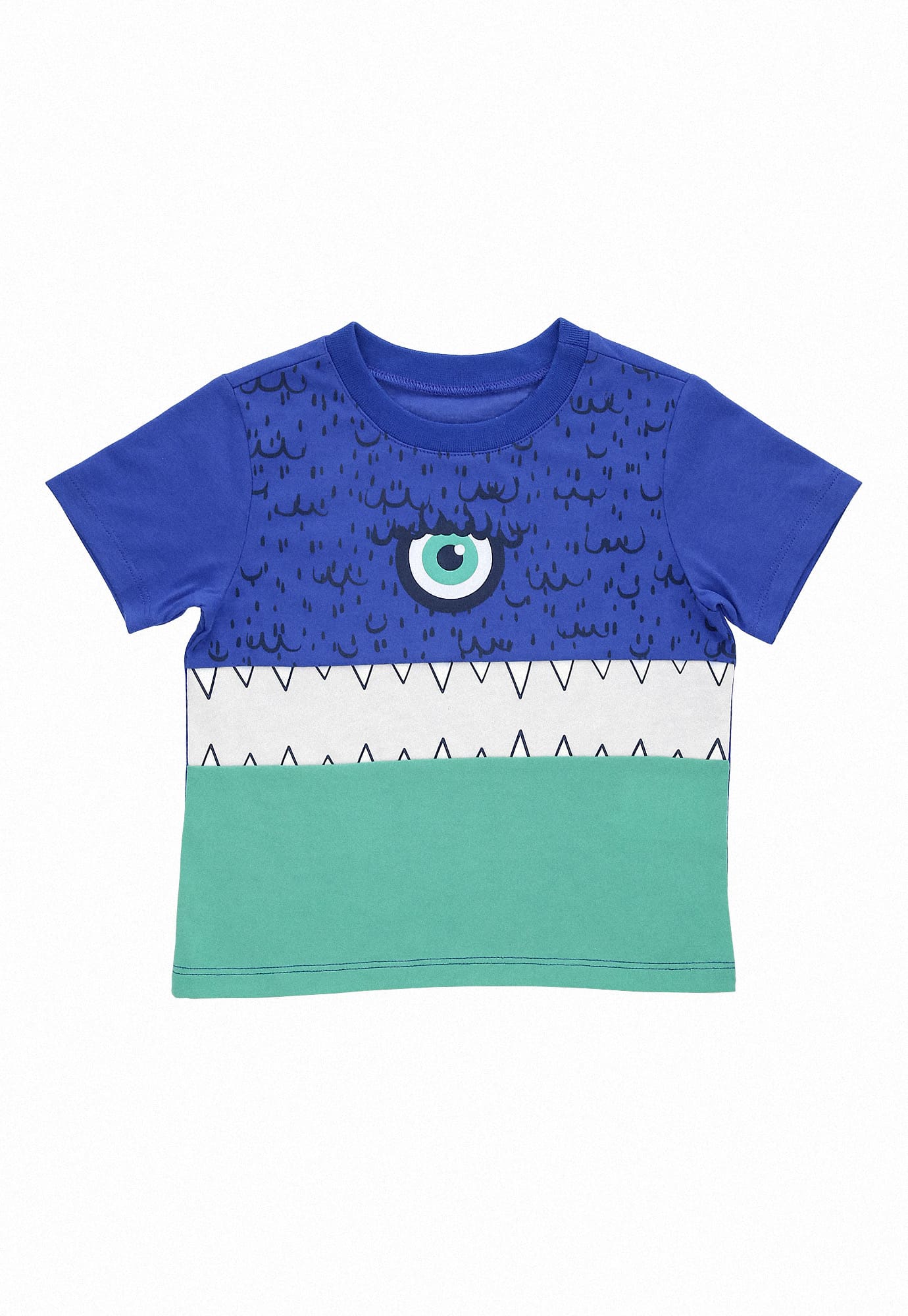Camiseta azul rey manga corta, en bloques de colores, estampado frontal y cuello redondo para bebé niño