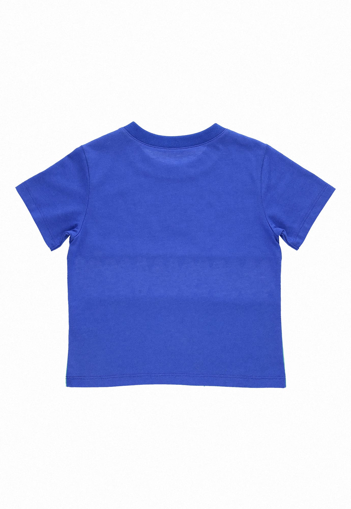 Camiseta azul rey manga corta, en bloques de colores, estampado frontal y cuello redondo para bebé niño