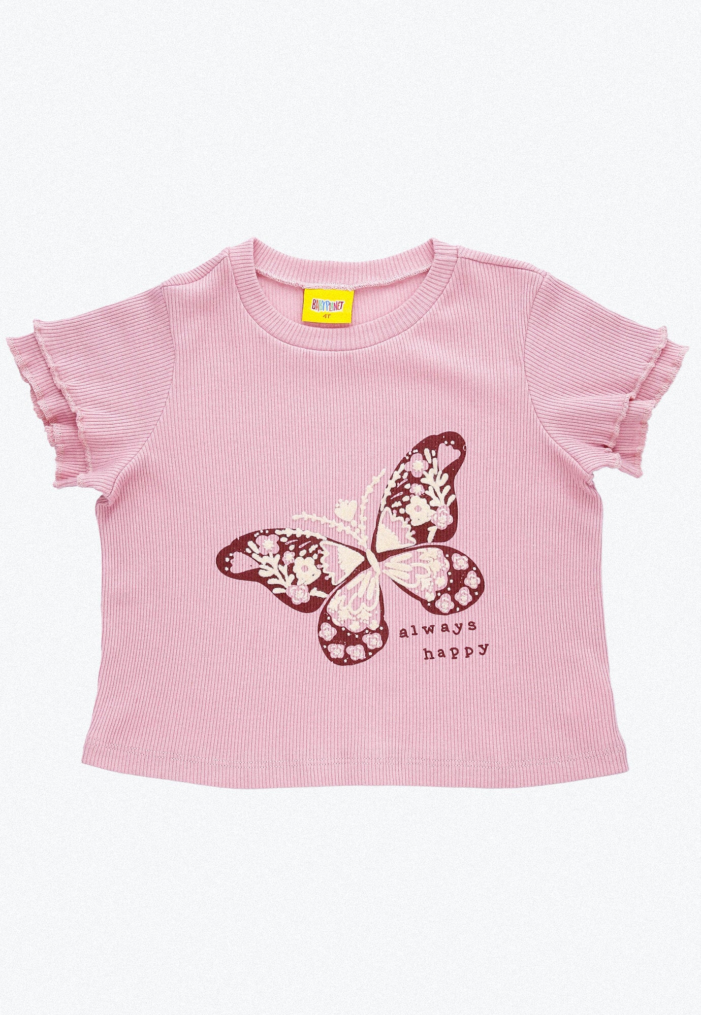 Conjunto largo, camiseta rosa claro en rib con estampado frontal y pantalón rosa claro con bota amplia para bebé niña