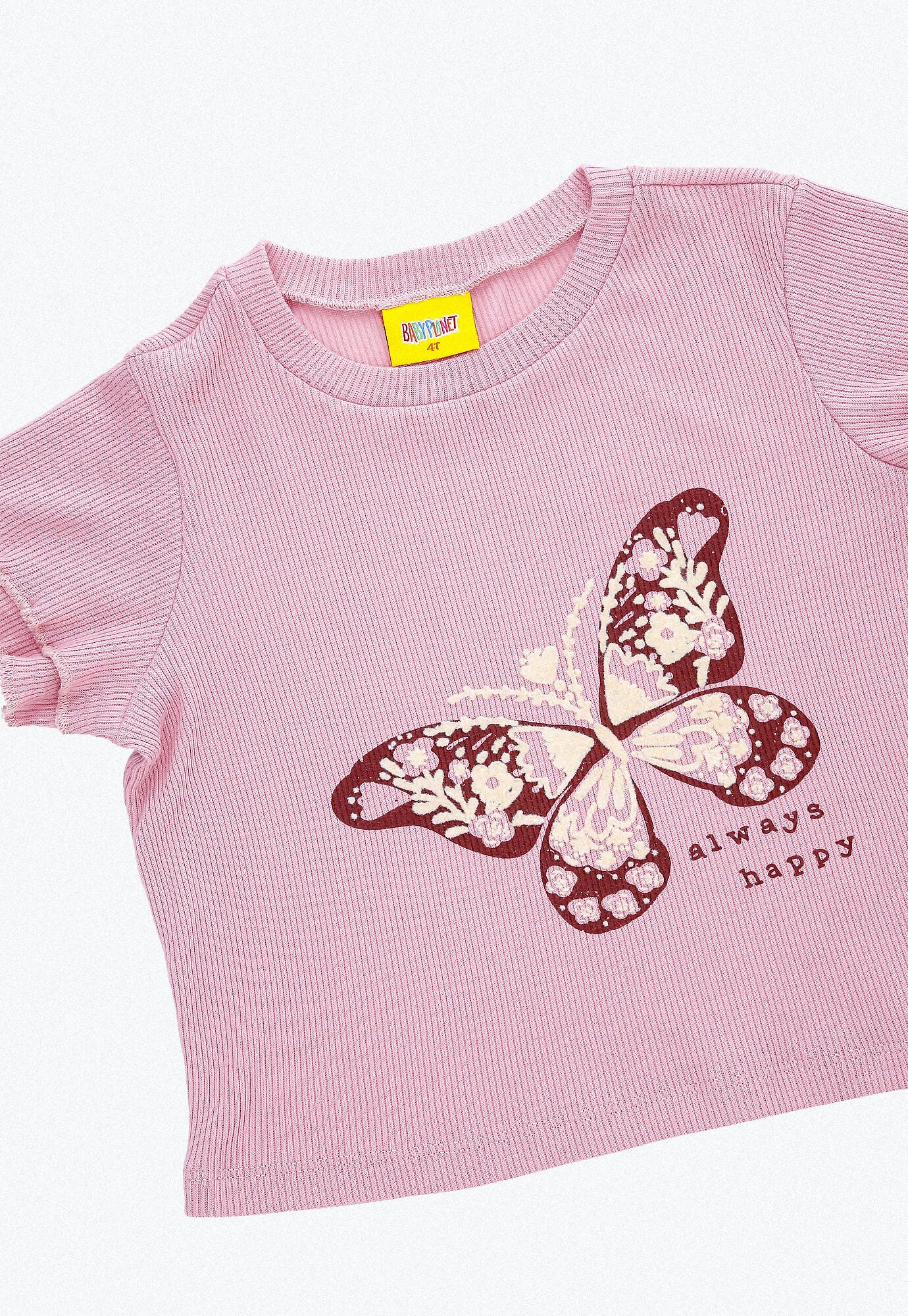 Conjunto largo, camiseta rosa claro en rib con estampado frontal y pantalón rosa claro con bota amplia para bebé niña