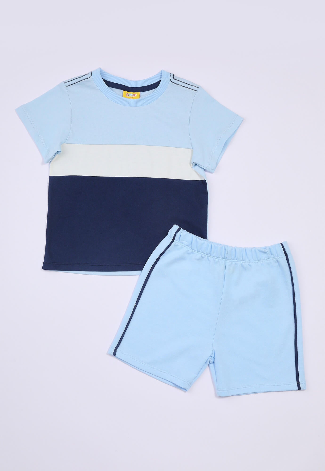 Conjunto De Camiseta En Bloques Y Bermuda Azul Claro Para Bebé Niño