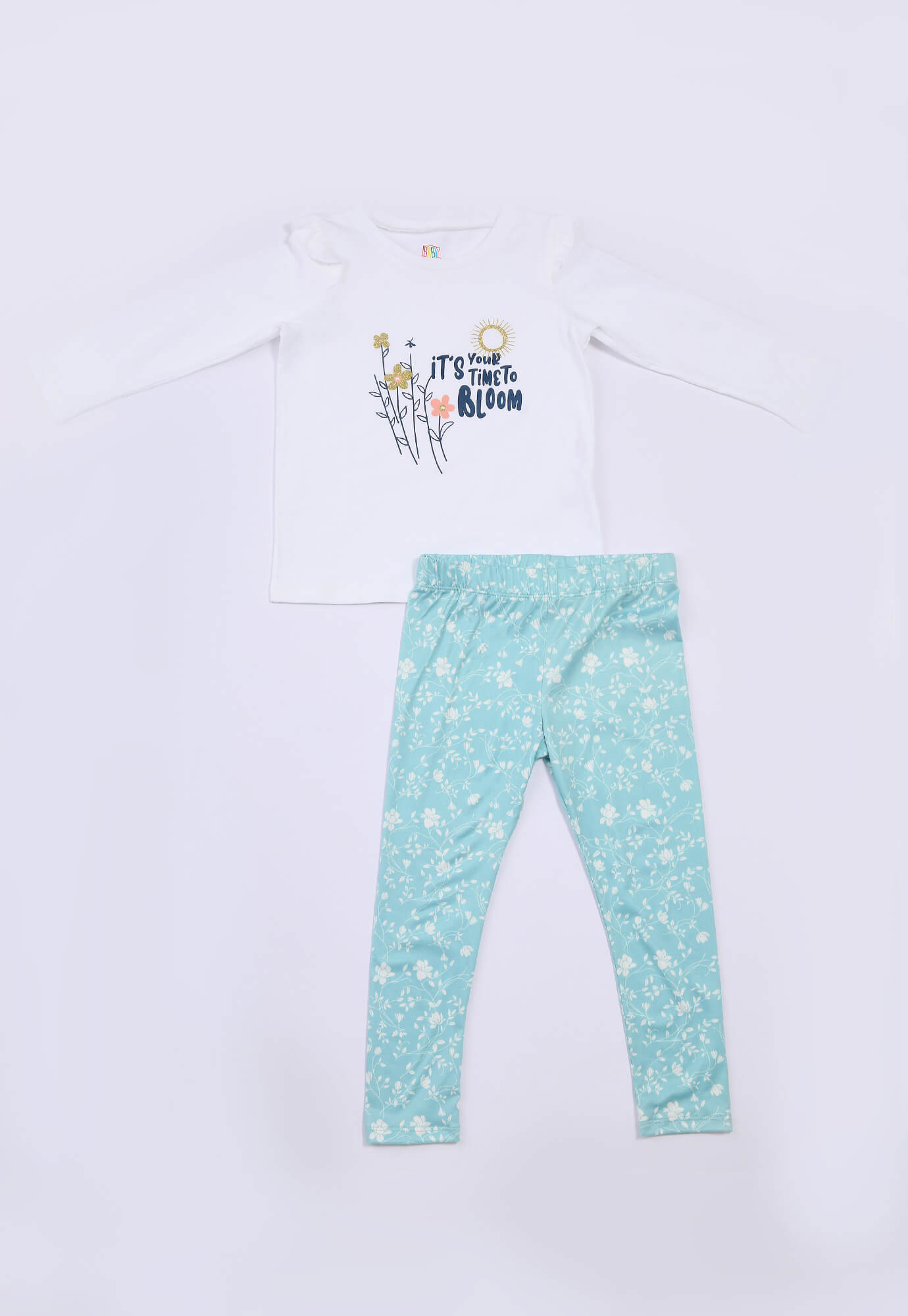 Conjunto de camiseta blanca manga larga con bolero y legging azul sublimado para bebé niña