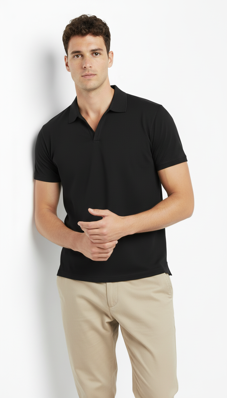 Camiseta polo negra cuello cubano para hombre – Belife