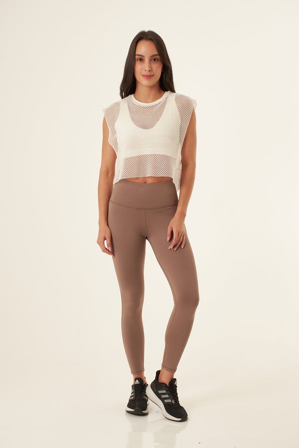 Camiseta manga sisa color ivory en tela malla para mujer