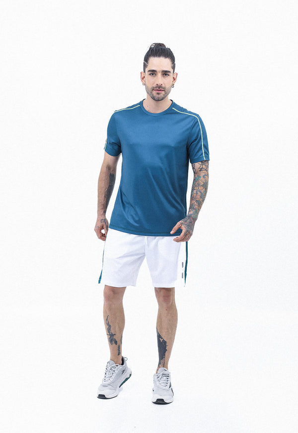 Pantaloneta deportiva blanco óptico bloques,con reflectivo y cordón ajustable, pretinda resorada y suspensorio para hombre