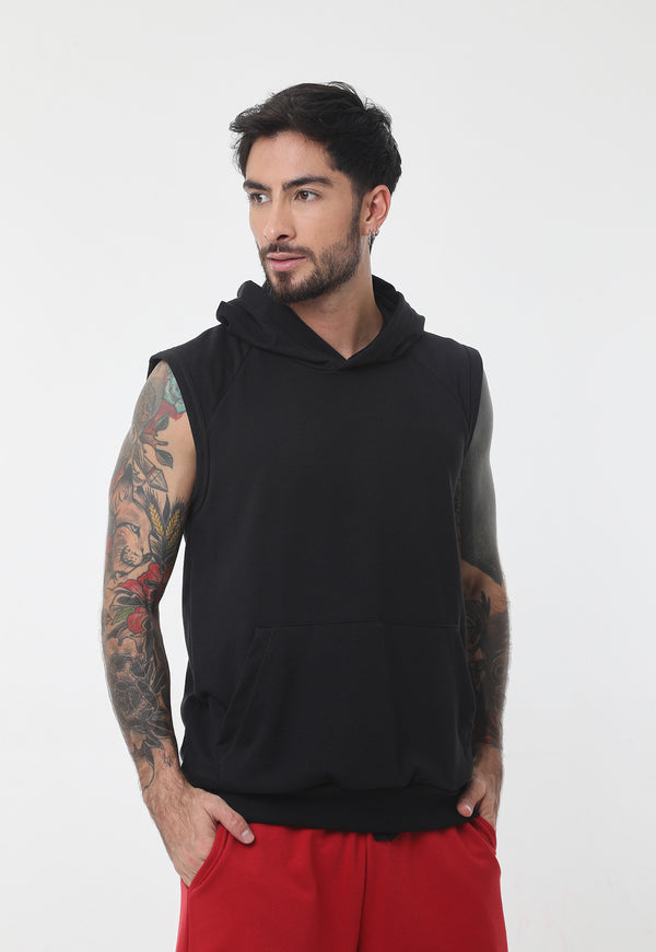 Chompa negra manga sisa, fondo entero, con gorro para hombre