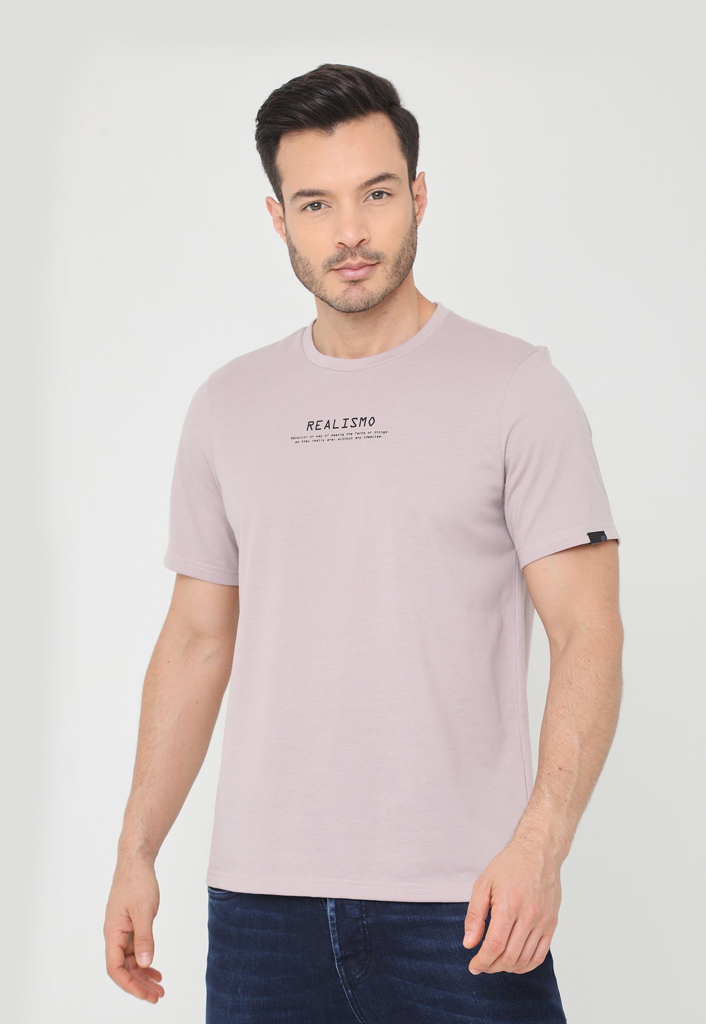 Camiseta rosa mística manga corta, estampado pequeño en frente y en posterior para hombre