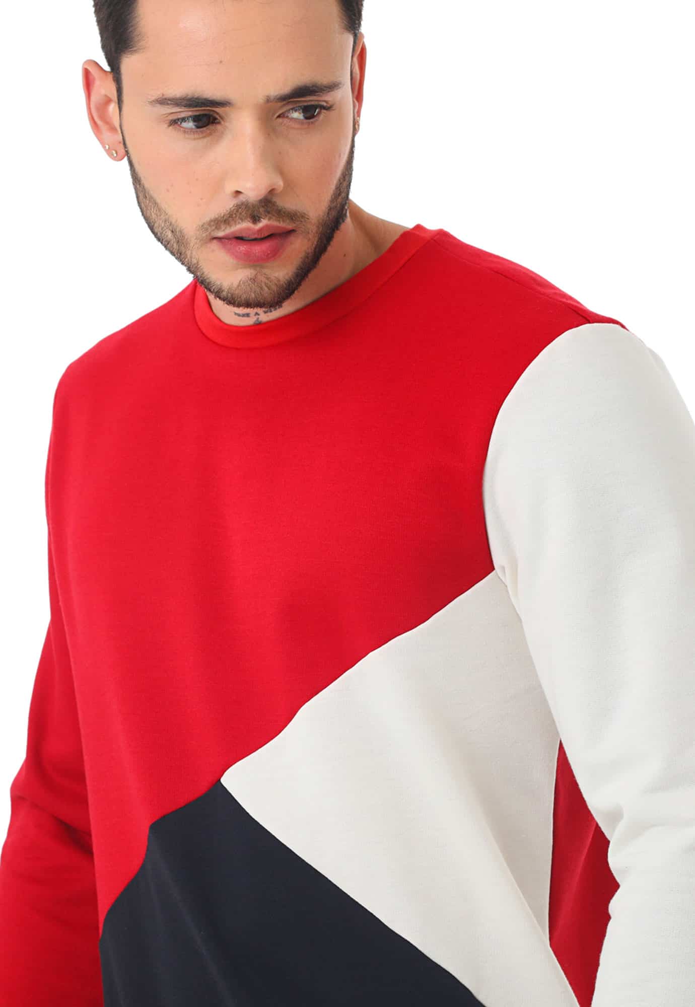 Buzo tipo hoodie rojo en bloques en frente, manga larga y cuello redondo para hombre