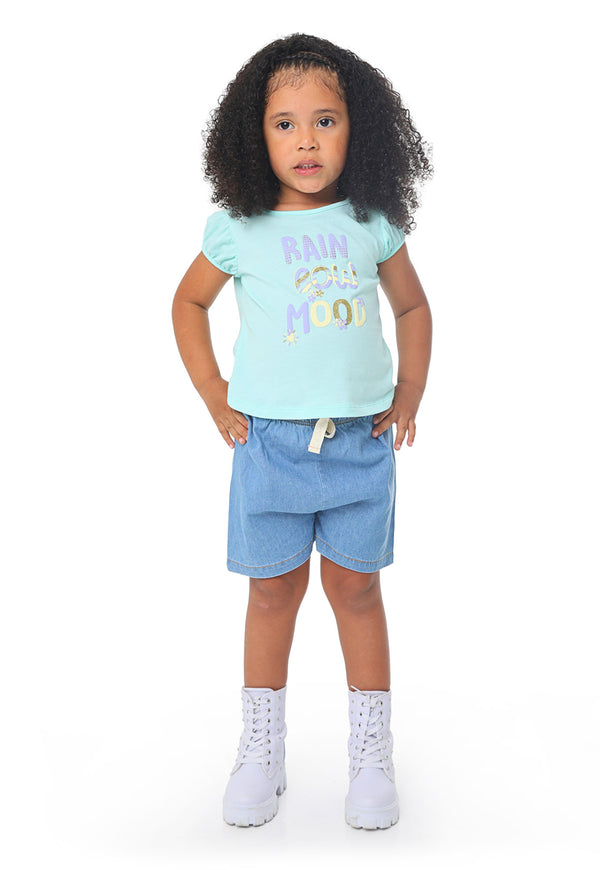Conjunto para bebe camiseta cuello redondo frente estampado, bermuda pretina resortada con cordón ajustableniña